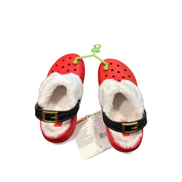 Crocs Classic Lined Santa Clog Kids J2 Red Black Fuzzy Holiday Christmas Slipper - Picture 9 of 11